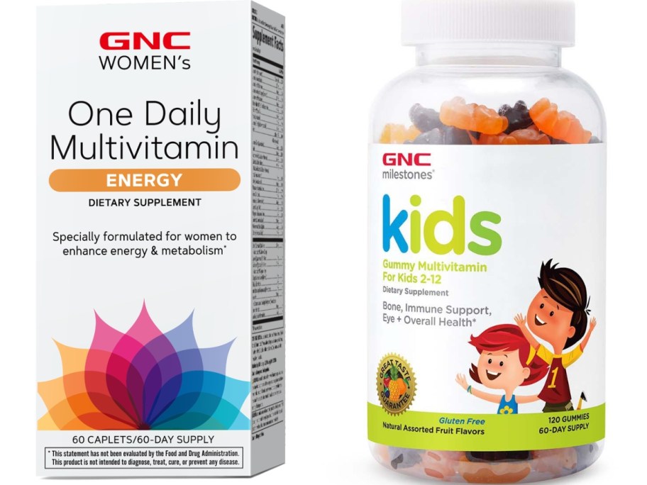 box of GNC Women's daily multi-vitamin next to a bottle of GNC Kid's gummy daily multi-vitamins