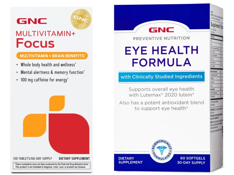 GNC Multivitamin Focus and GNC Eye Health supplements in boxes