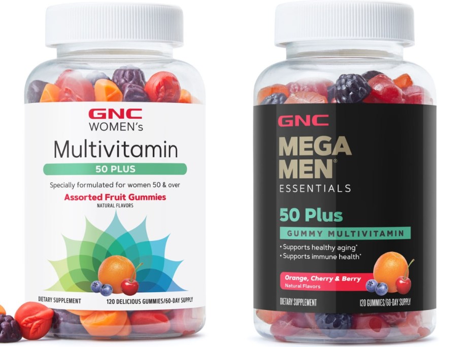 GNC Women's and Men's 50 Plus Gummy vitamin bottles