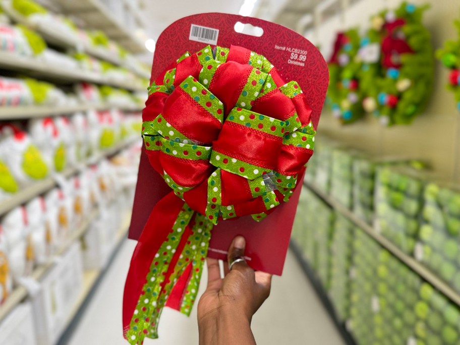 hand holding red and green bow