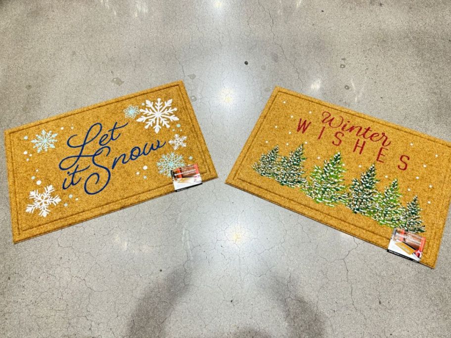 hand hooked Christmas doormat with christmas and let it snow