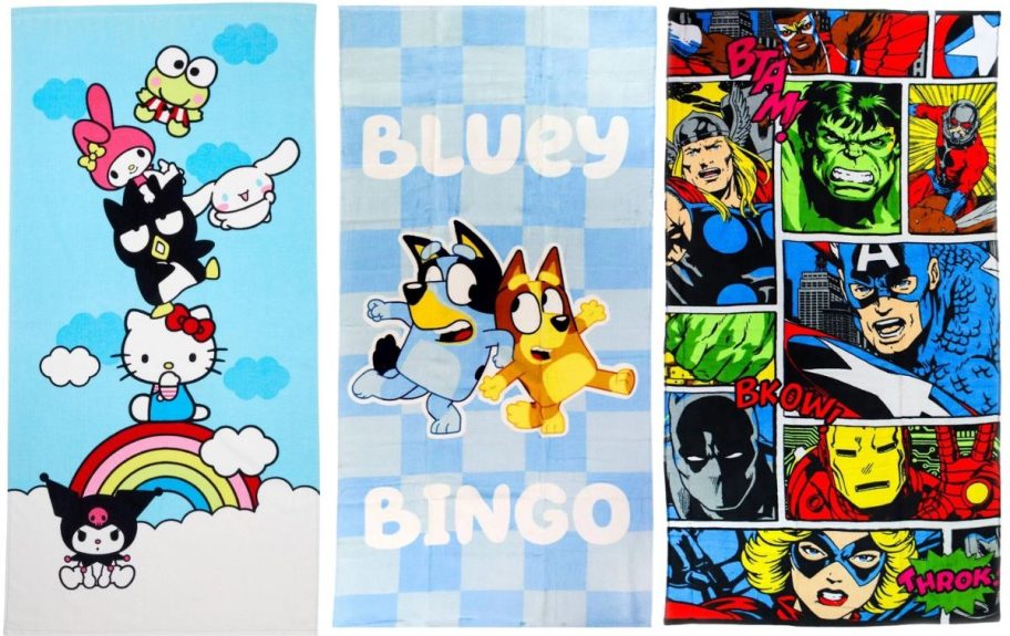 three licensed character beach towels