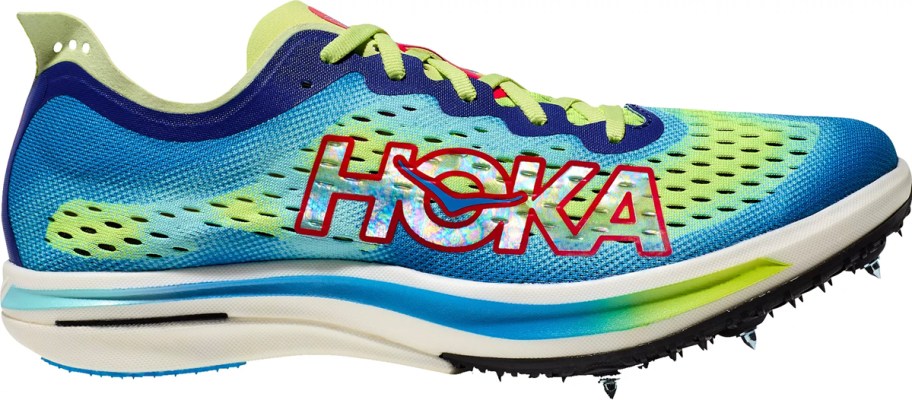 green and blue hoka shoe