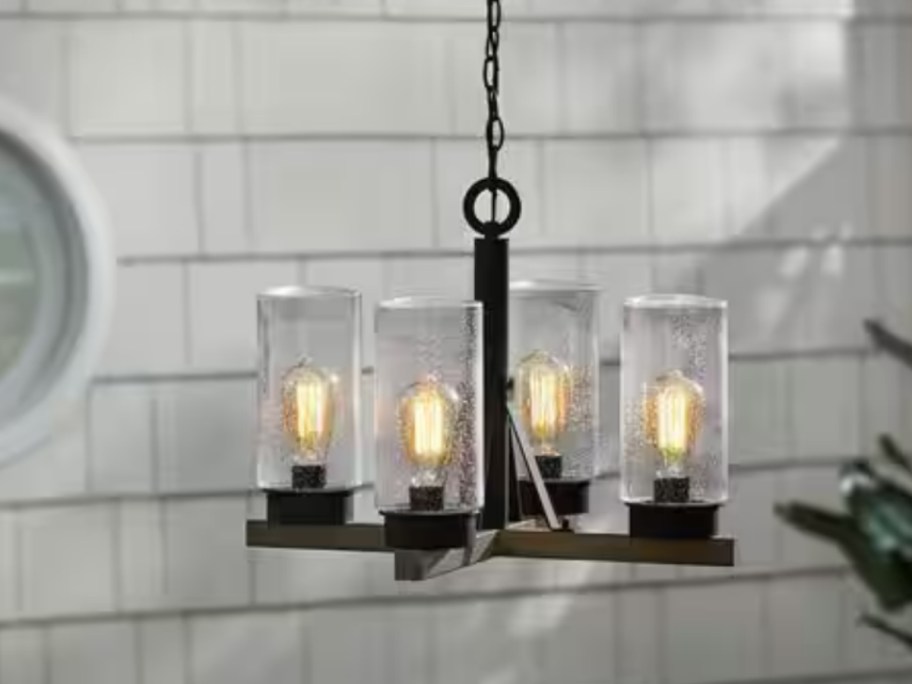 outdoor wall chandelier style light black iron, wood and class shades