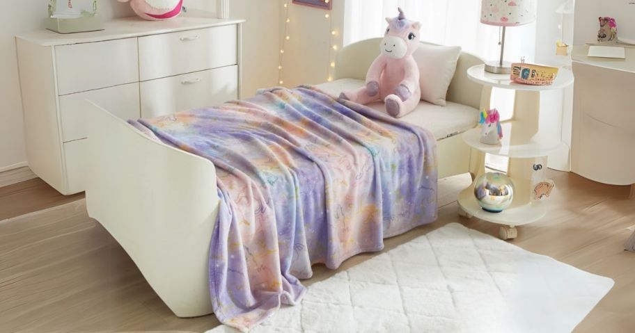 Kids' Plush Pillow & Throw Blanket - Unicorn on bed