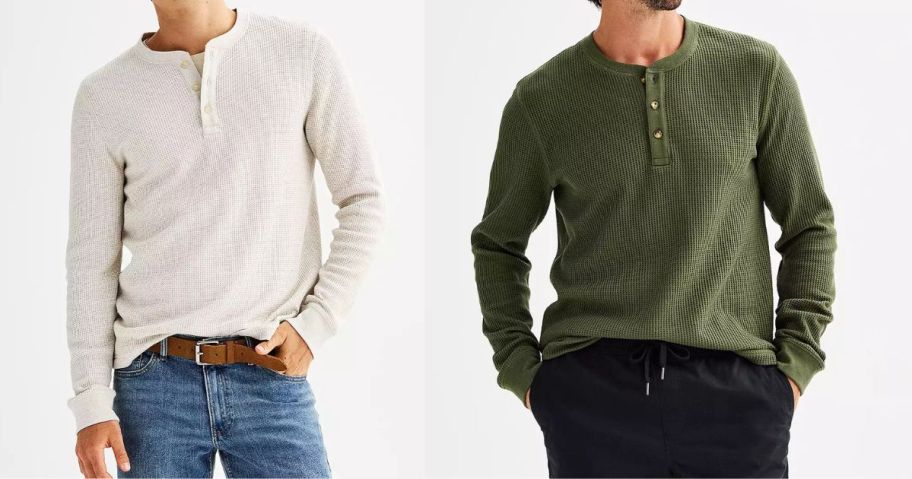 two men wearing Sonoma Goods for Life Men's Long Sleeve Waffle Henley Tees