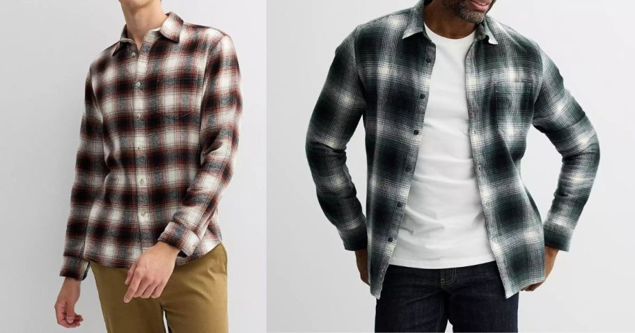 two men wearing Sonoma Goods For Life Men's One-Pocket Flannel Button-Down Shirts