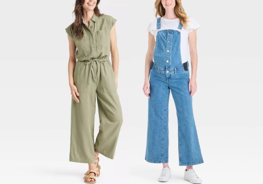 a model in a jumsuit and a model in denim maternity overalls