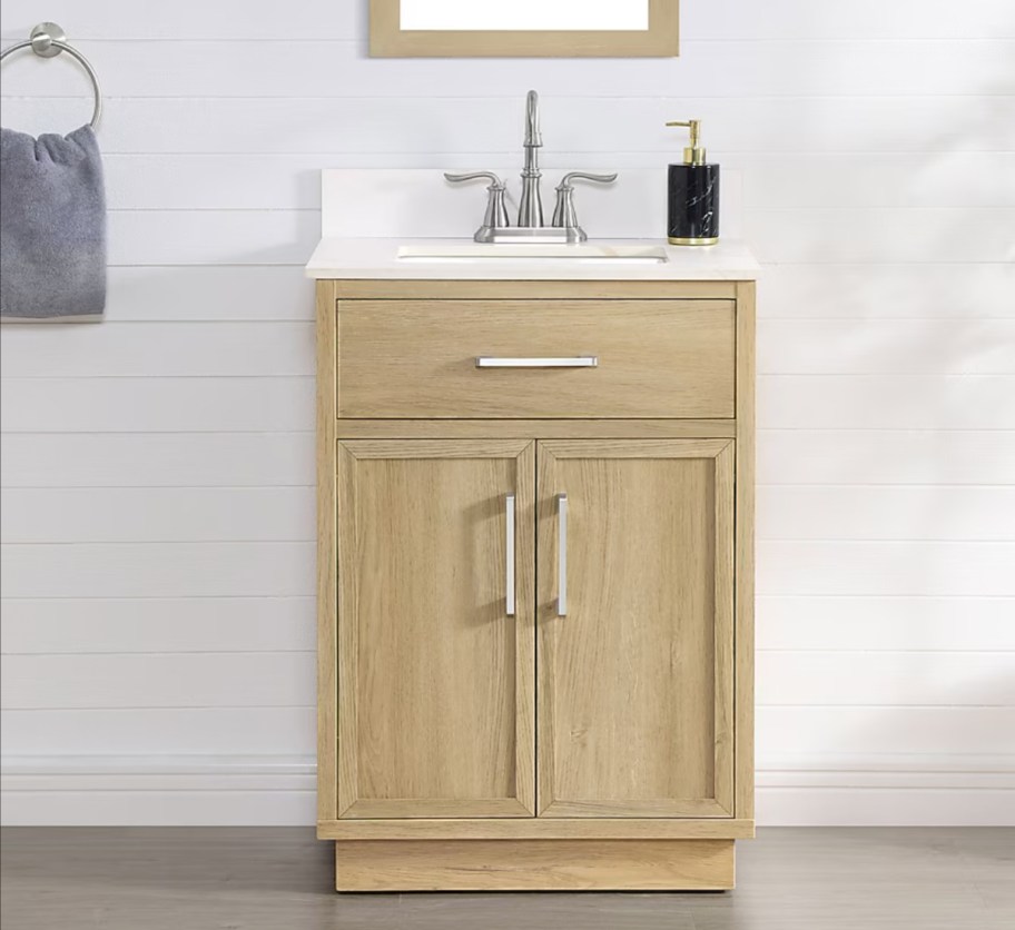 natural wood vanity with sink