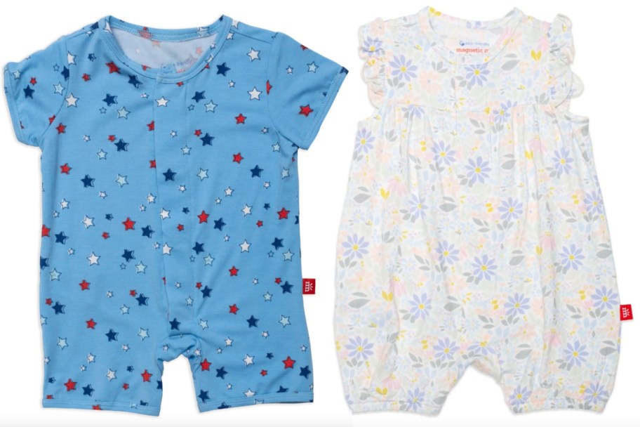 two magnetic baby rompers