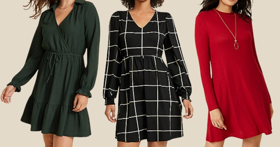 woman wearing a green long sleeve wrap style dress with ruffles at the sleeves and hems, woman wearing a black and white windowpane mini dress, woman wearing a red skater style dress