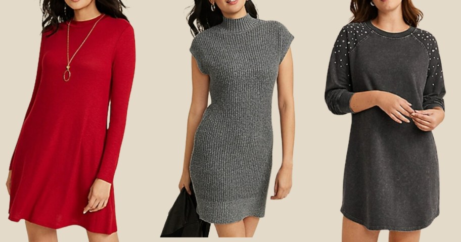 woman wearing a red long sleeve skater style dress, woman wearing a grey cap sleeve sweater dress, and woman wearing a dark grey sweatshirt dress with studs on the sleeves