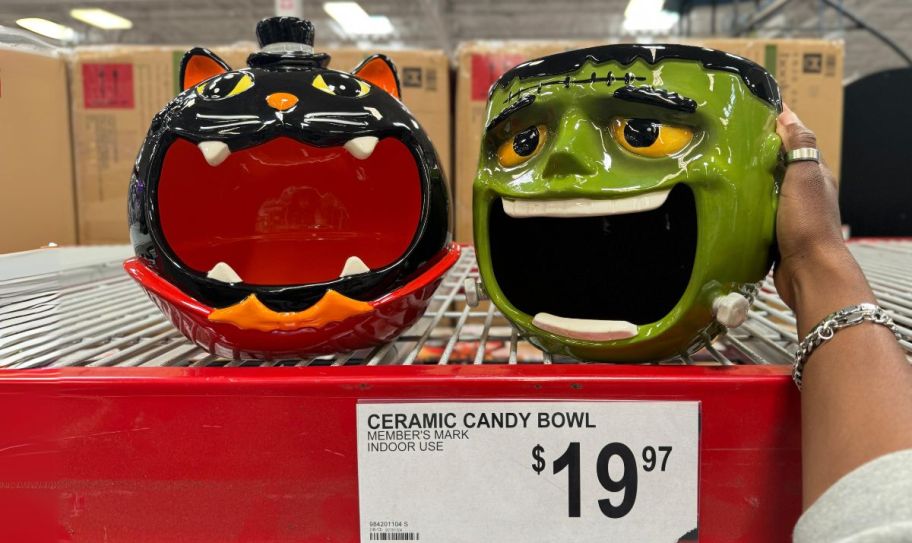 ceramic black cat and frankenstein candy bowls on display in a store