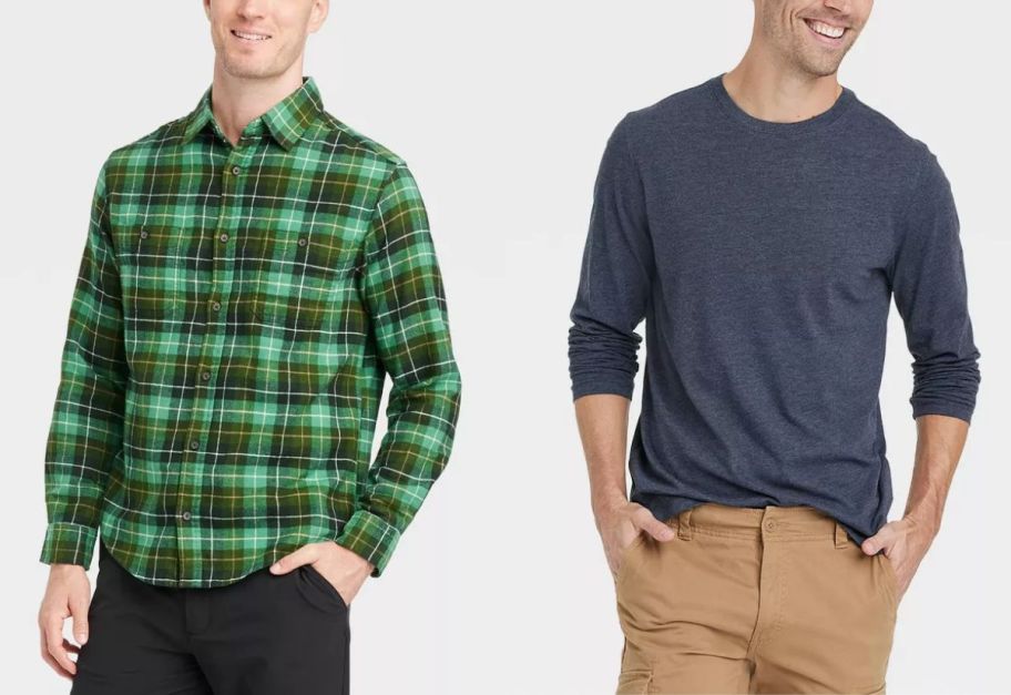 a man in a plaid flannel shirt and a man in a long sleeve tee