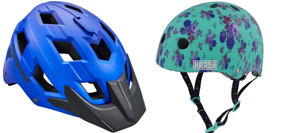 blue and floral bike helmets