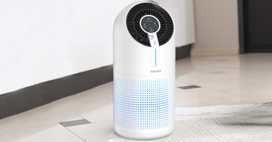 white and blue mooka air purifier on ground