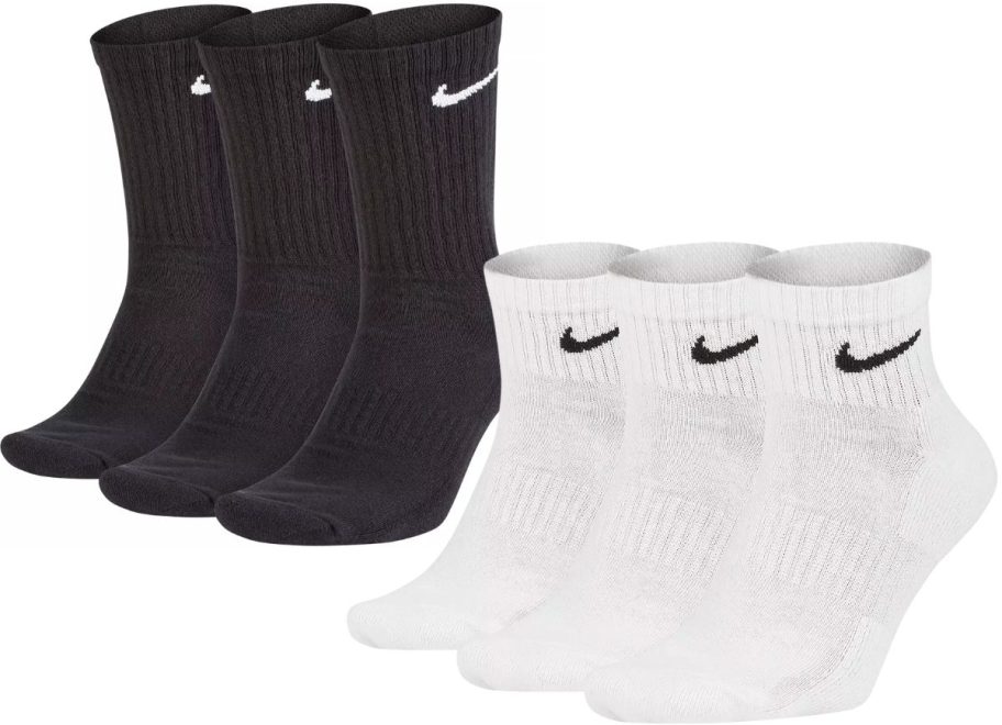 3 men's black mid calf and 3 white ankle Nike socks