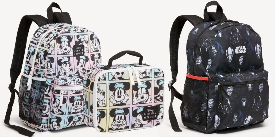 minnie mouse backpack and lunch bag shown with star wars backpack