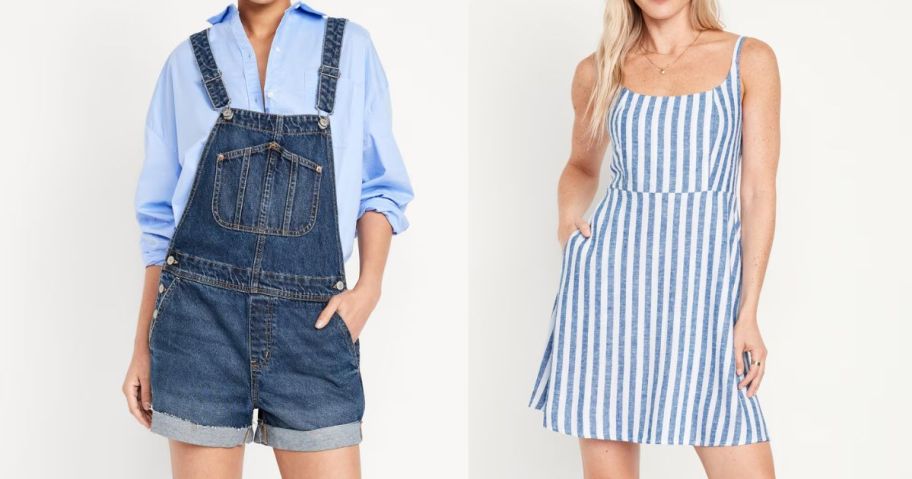 women wearing old navy women's shortalls and mini dress