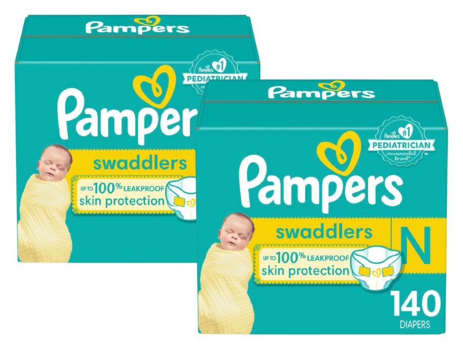 2 Pampers Swaddlers Newborn Diapers 140-Count stock images