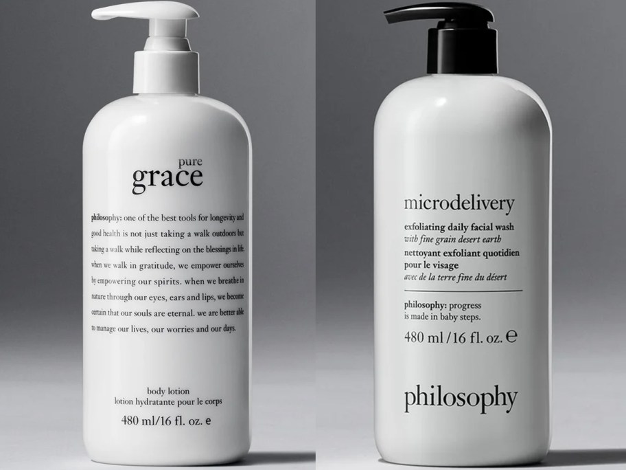 philosophy body lotion and facial wash bottles 