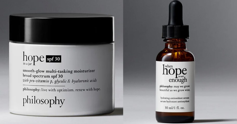 philosophy moisturizer jar and facial serum bottle 