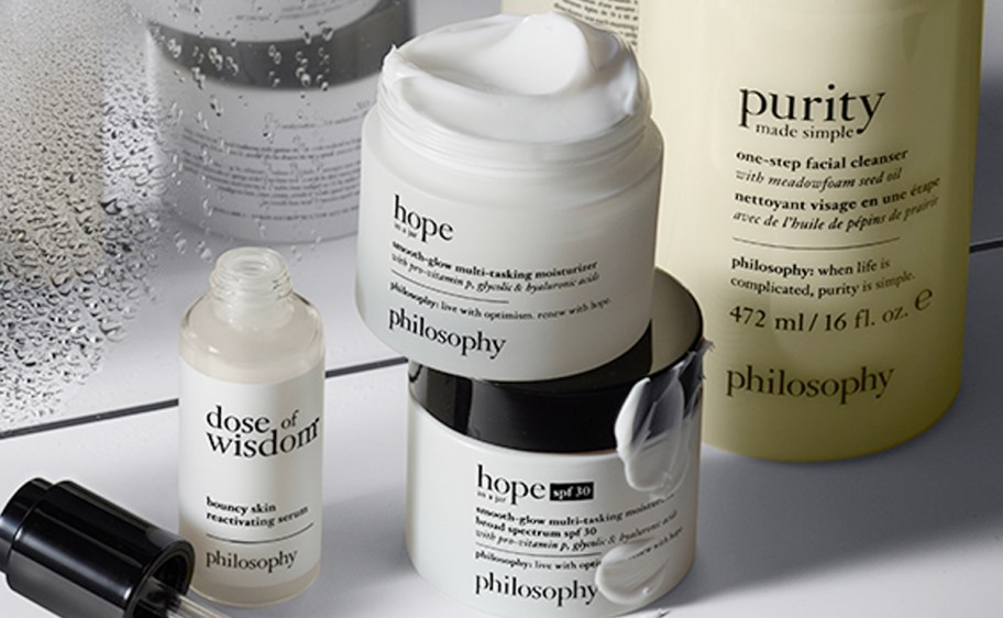 philosophy products on countertop 