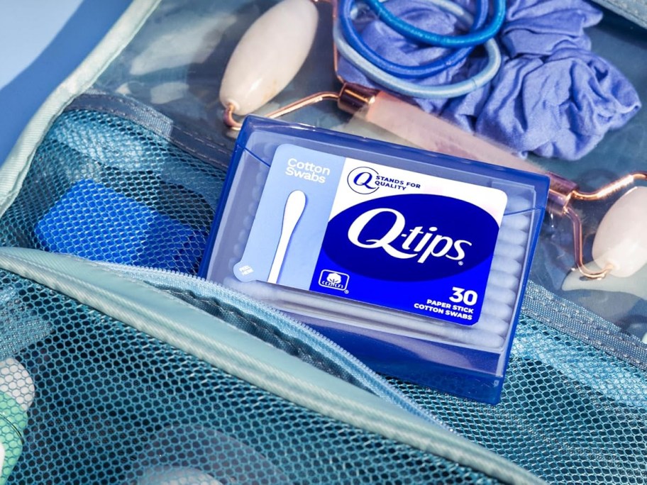 travel size q-tips in toiletry bag