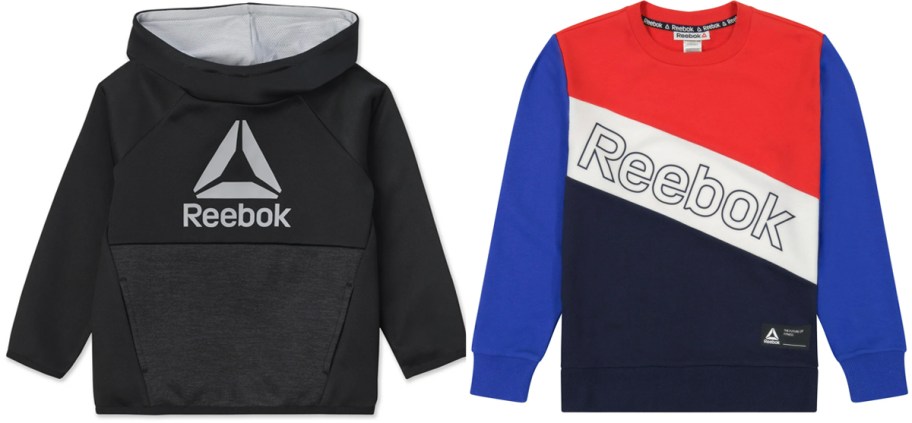 reebok black hoodie and red and blue sweatshirt