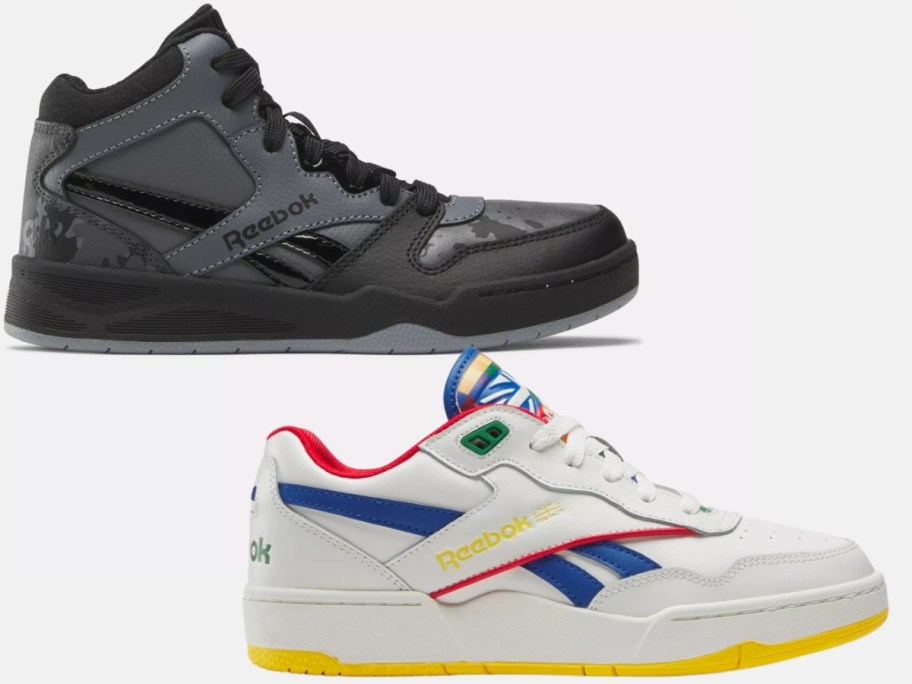 kid's Reebok shoes, 1 black mid top and 1 white court style with primary colors