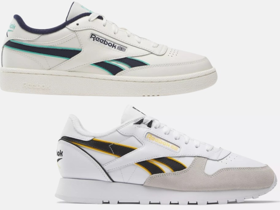 Reebok adult shoes, Club C style in white with blue and green accents and classic style in white, grey, black and yellow