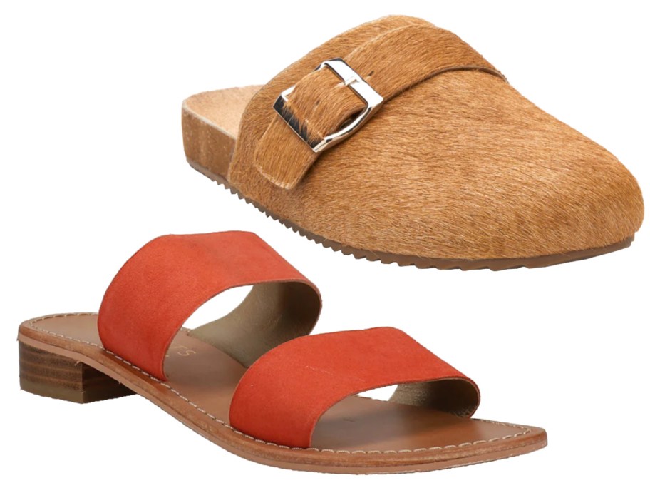 orange two strap sandals and tan mules