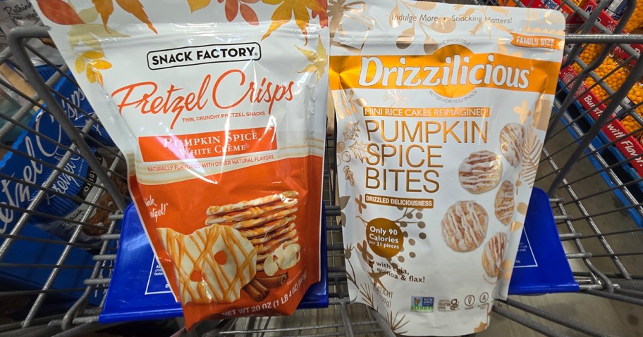 pumpkin pretzel crisp and pumpkin spice bites bags