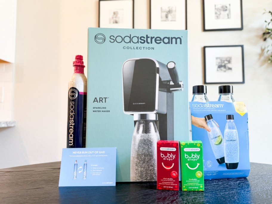 sodastream art machine box with contents displayed in front of it