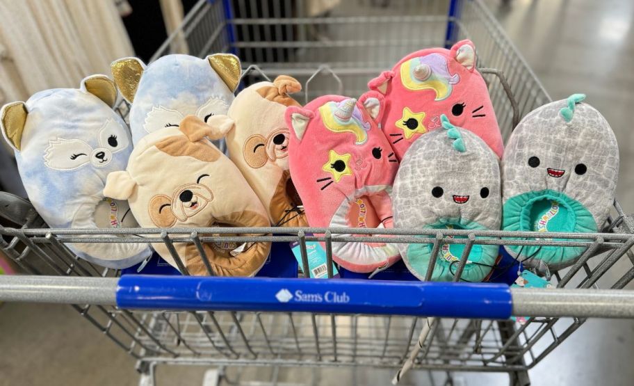 4 pair of Squishmallows kids slippers in a sam's club cart