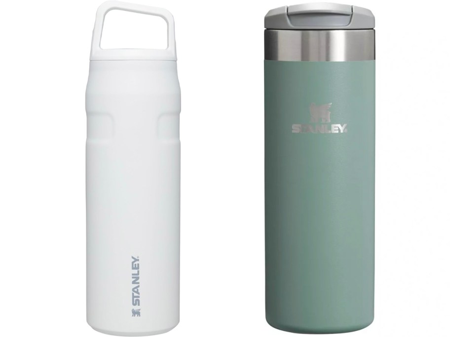 white and green stanley water bottles