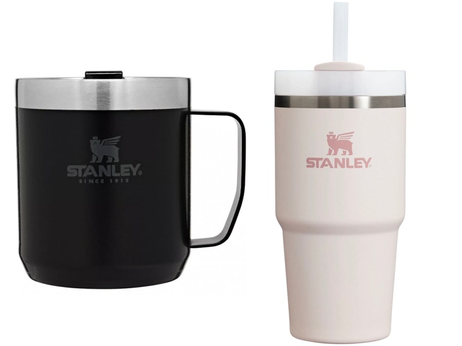 stanley black mug and rose tumbler with straw