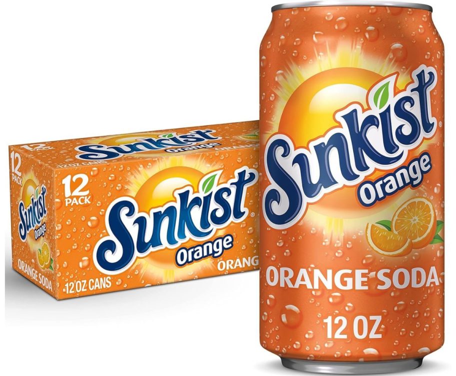 a 12 pack of 12oz cans of Sunkist orange soda on a white background