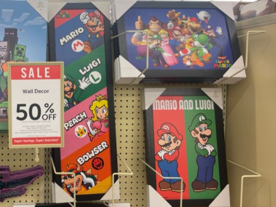 super mario wall art hanging in store