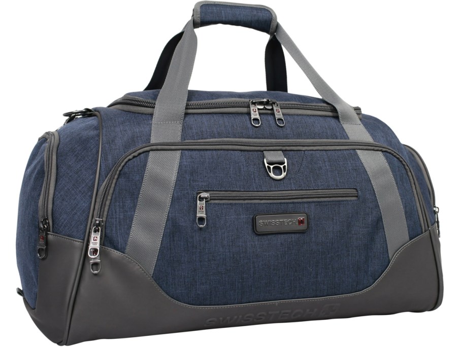 blue and gray duffel bag stock image