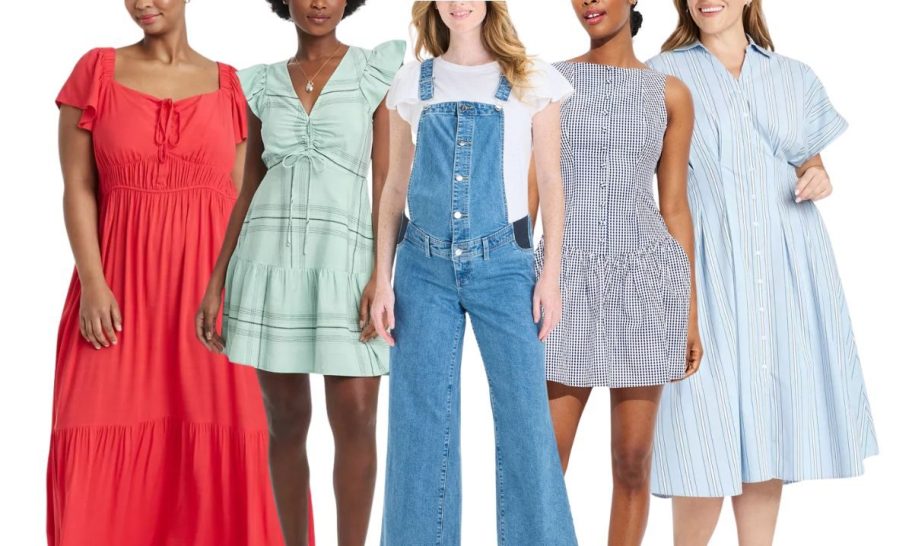 five models wearing target dresses and overalls