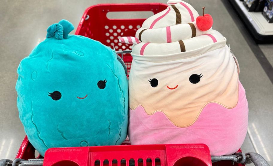 two squishmallow plushes in a target shopping cart