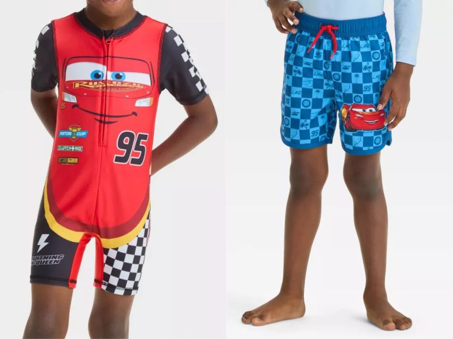 two kids wearing cars swimwear