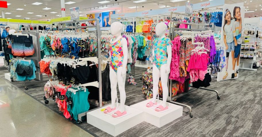 kids swimwear on display in store