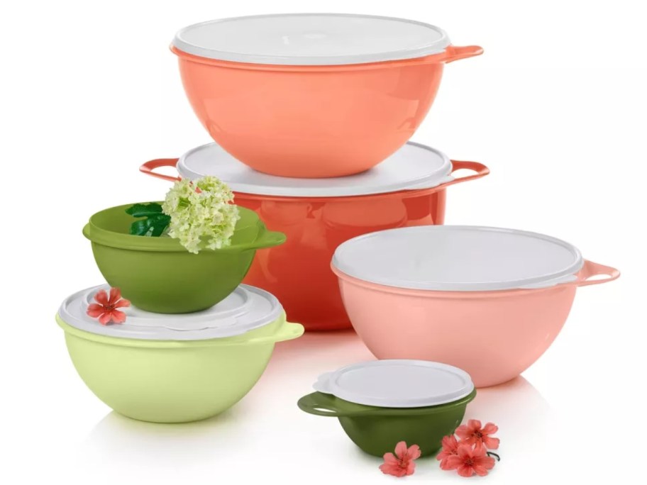 set of 5 colorful Tupperware Thatsa bowls with handles and white lids