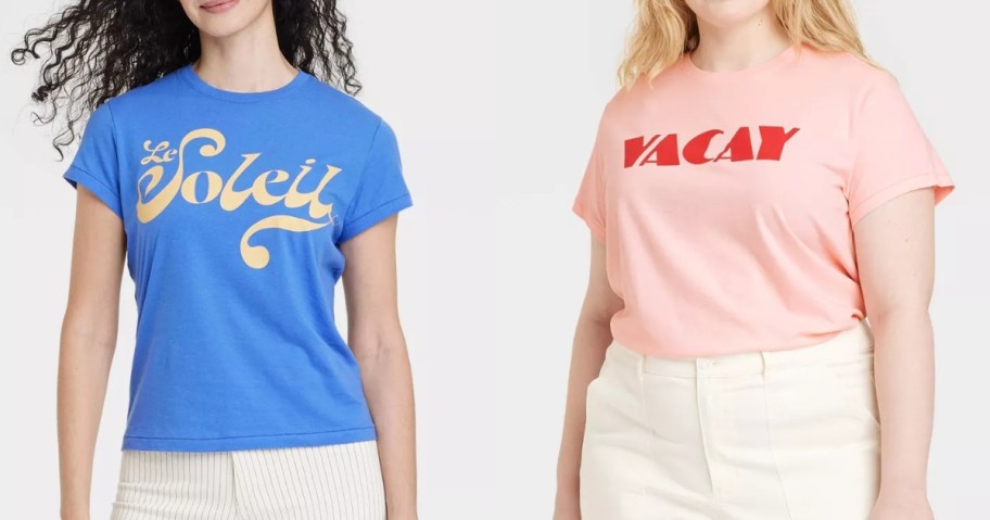 women wearing different color graphic tshirts and pants