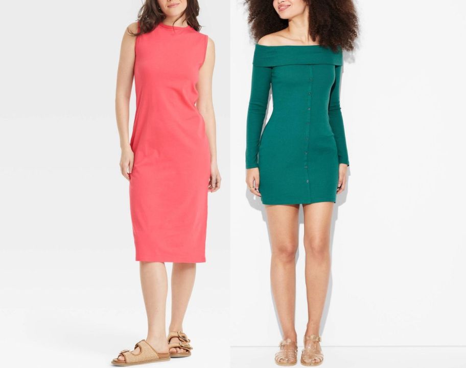 two models wearing target dresses in two styles - midi length and mini bodycon.