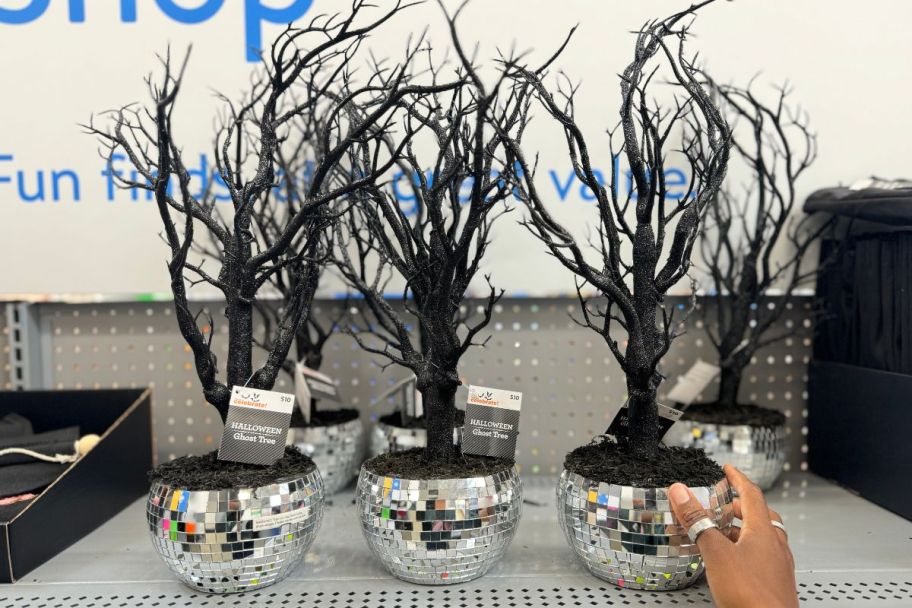 halloween trees in silver planters