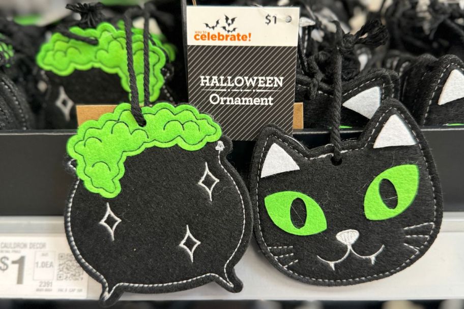 cauldron and black cat ornaments