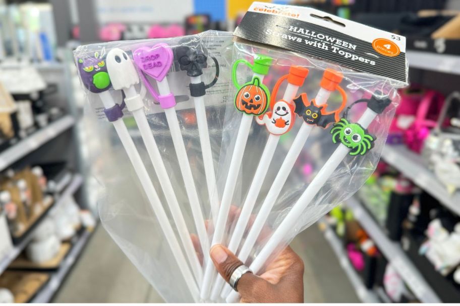 plastic drinking straws with Halloween toppers